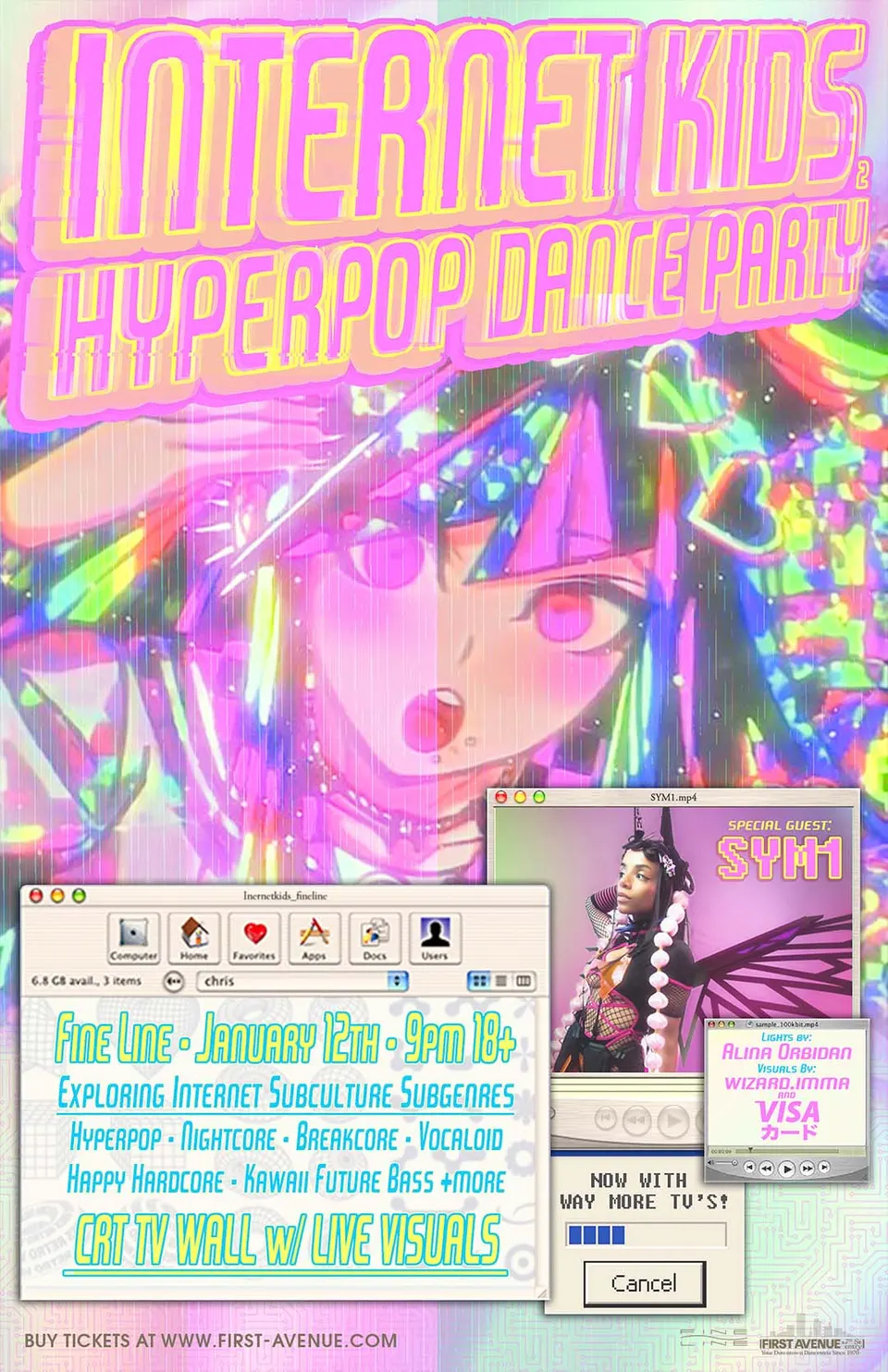 Flyer for Internet Kids 2. A glitched pink anime girl behind Mac OS 9 windows announcing Fine Line, January 12th, special guest SYM1, and a CRT TV wall with live visuals.