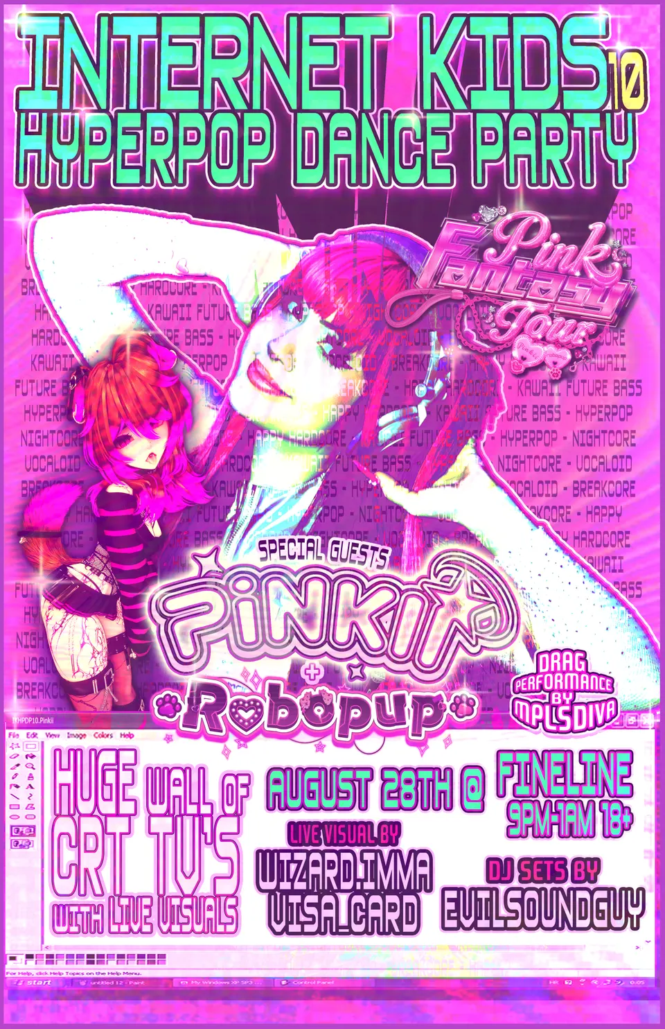 Flyer for Internet Kids 10, the Pink Fantasy Tour. Special guests Pinkii and Robopup in hot pink and magenta over an old Paint window, August 28th at Fine Line.