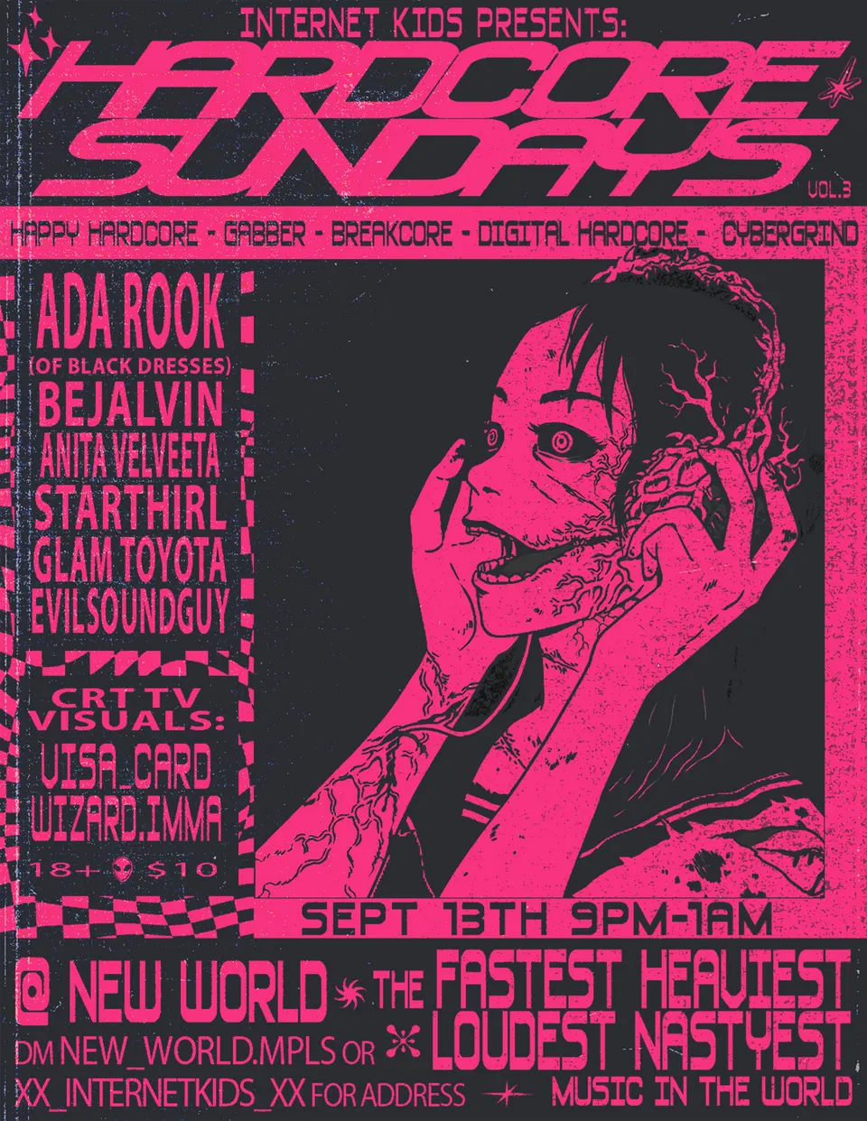 Hardcore Sundays Vol. 3 flyer in hot pink on charcoal. A screaming illustrated girl with cracked skin, Ada Rook of Black Dresses headlining, Sept 13th at New World.